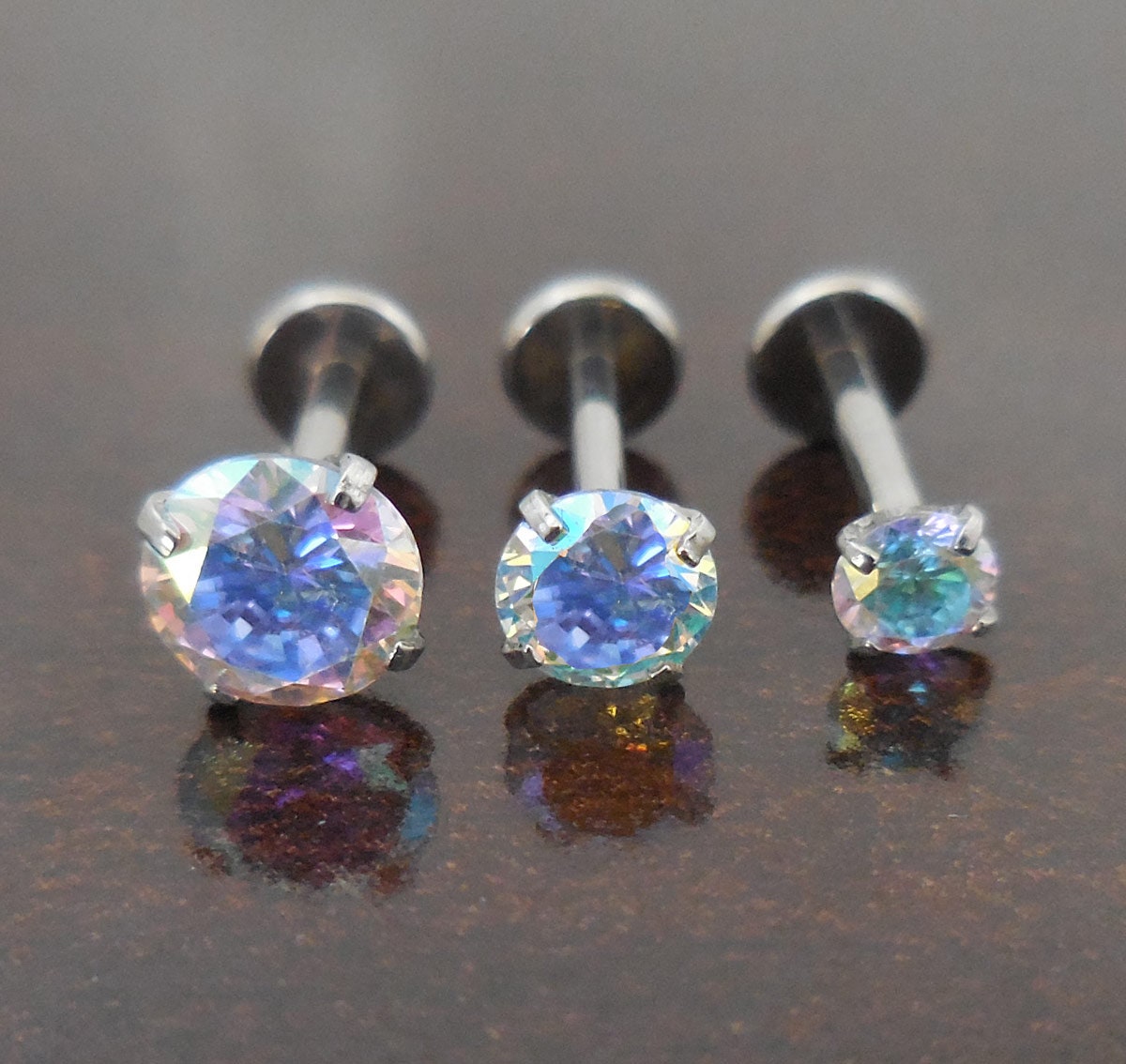 Rainbow Crystal 18G 1/4" 6mm  2,3,4 or 5mm Prong Set CZ Stones Tragus Jewelry Cartilage Earrings Triple Forward Helix Piercing Nose Rings