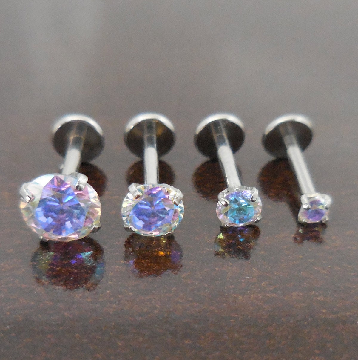 Rainbow Crystal 18G 1/4" 6mm  2,3,4 or 5mm Prong Set CZ Stones Tragus Jewelry Cartilage Earrings Triple Forward Helix Piercing Nose Rings