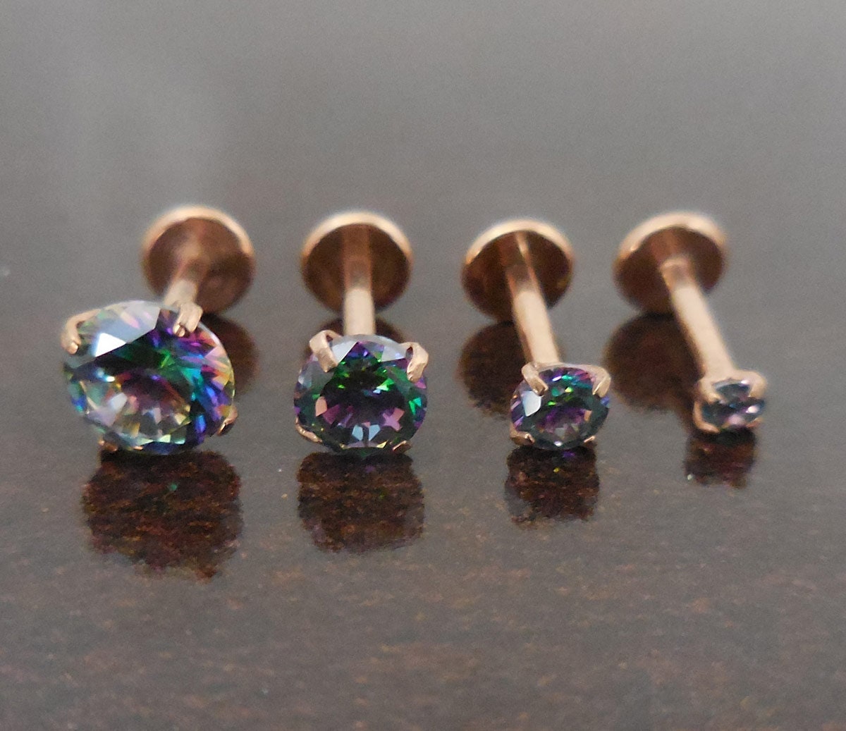 Gold Tone Rainbow Crystal 18G 1/4" 6mm  2,3,4 or 5mm Prong Set CZ Tragus Cartilage Earring Triple Forward Helix Piercing Nose Rings Stud