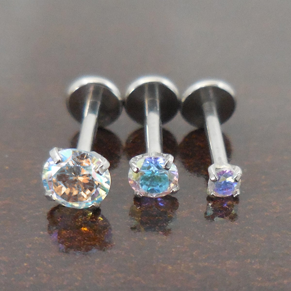 Rainbow Crystal 18G 1/4" 6mm  2,3,4 or 5mm Prong Set CZ Stones Tragus Jewelry Cartilage Earrings Triple Forward Helix Piercing Nose Rings