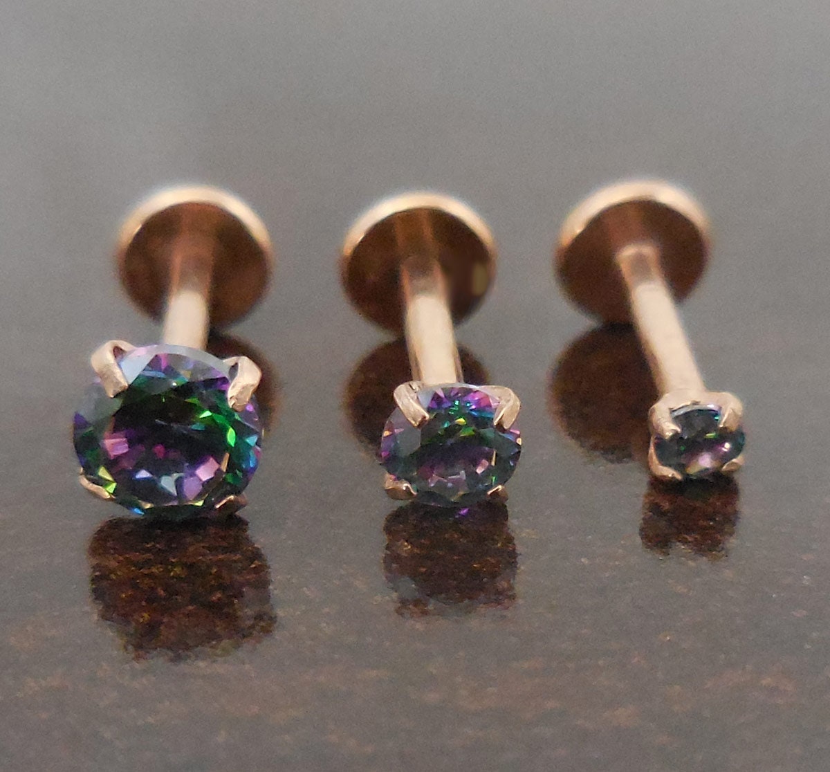 Gold Tone Rainbow Crystal 18G 1/4" 6mm  2,3,4 or 5mm Prong Set CZ Tragus Cartilage Earring Triple Forward Helix Piercing Nose Rings Stud