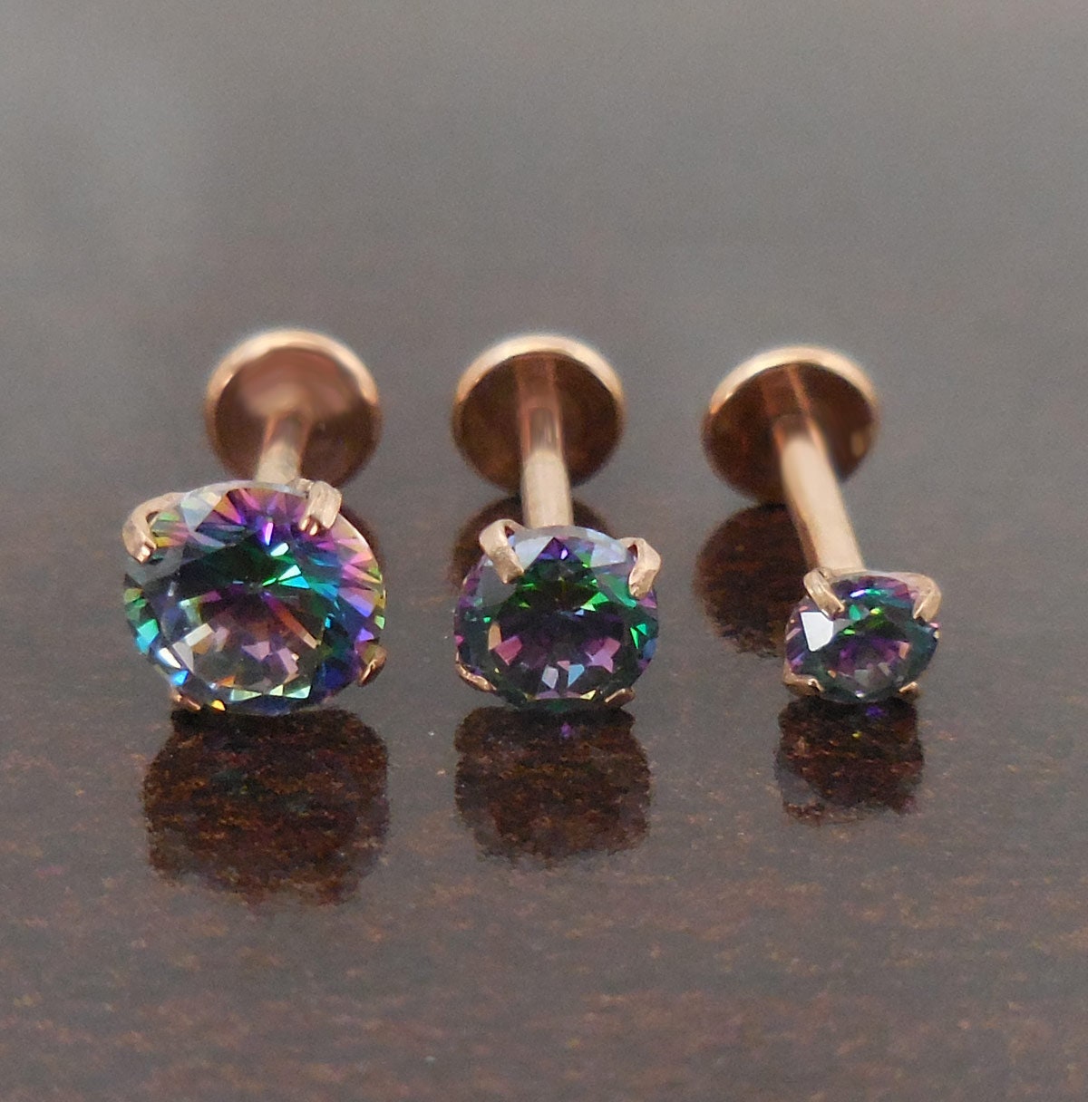 Gold Tone Rainbow Crystal 18G 1/4" 6mm  2,3,4 or 5mm Prong Set CZ Tragus Cartilage Earring Triple Forward Helix Piercing Nose Rings Stud