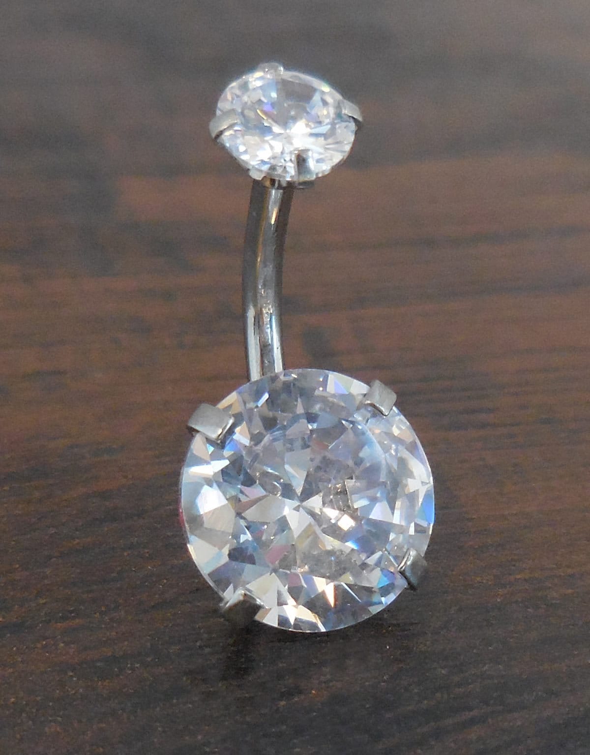 Internally Threaded Double Prong Set Large 10mm Clear CZ Stainless Steel Gold Tone Belly Button Ring Titanium Bar Navel