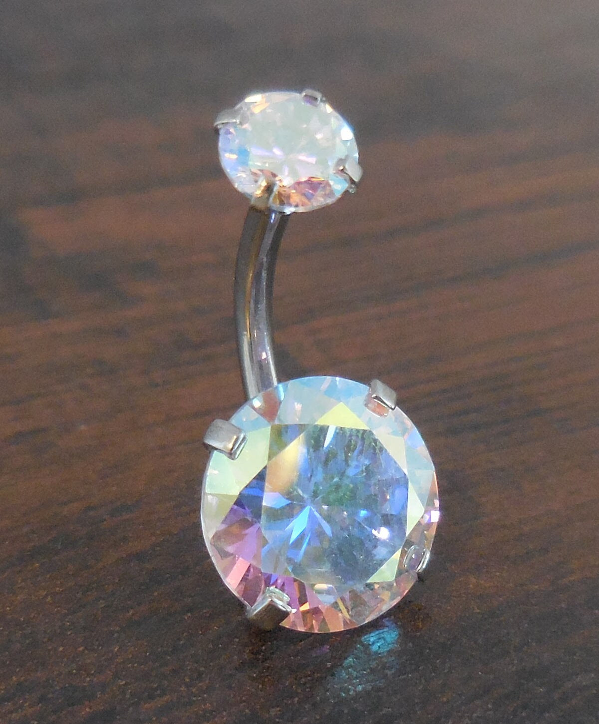 Internally Threaded Double Prong Set Large 10mm Clear CZ Stainless Steel Gold Tone Belly Button Ring Titanium Bar Navel