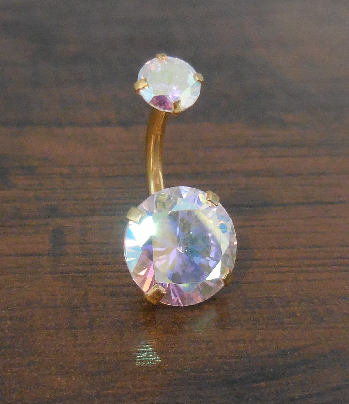 Internally Threaded Double Prong Set Large 10mm Clear CZ Stainless Steel Gold Tone Belly Button Ring Titanium Bar Navel