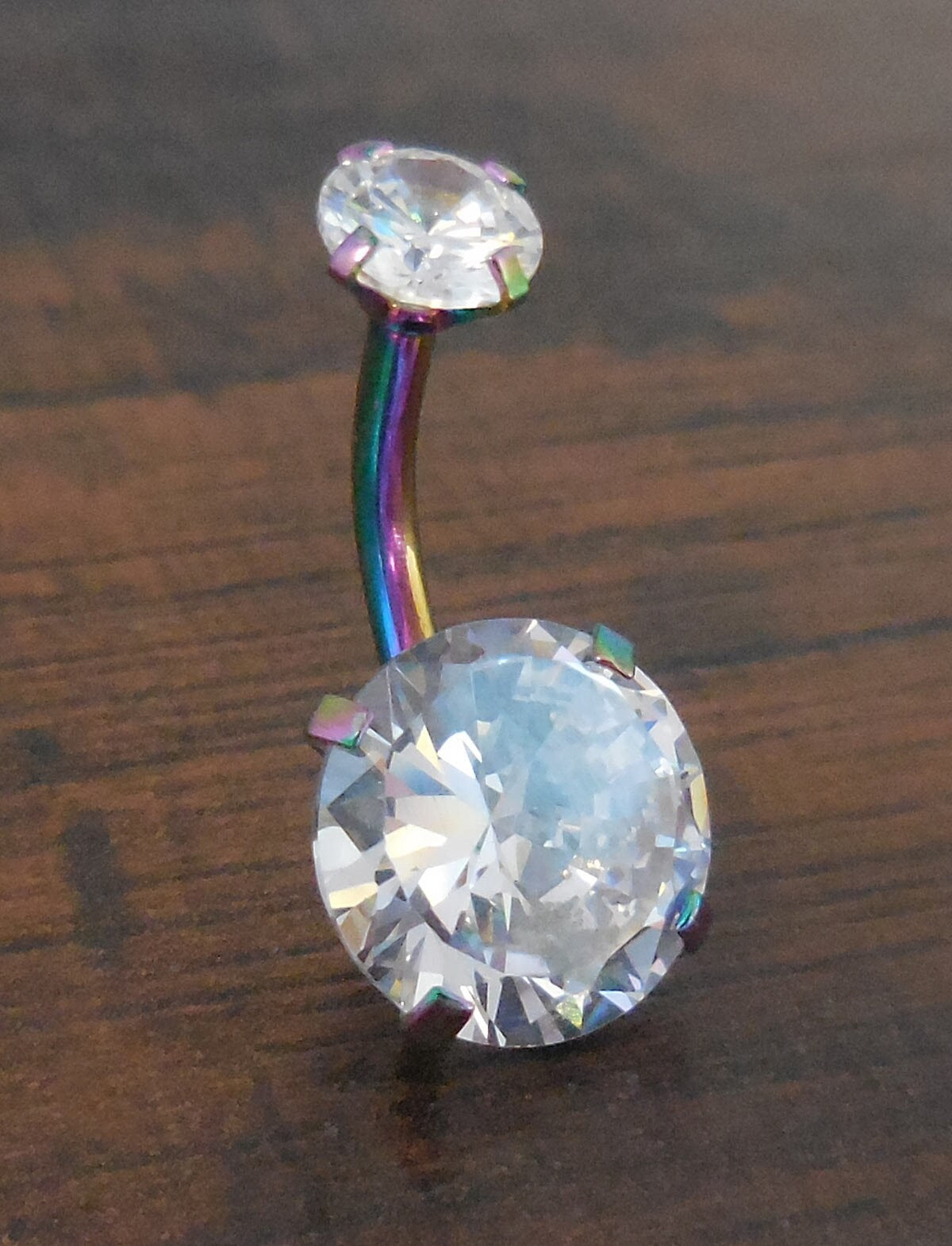 Internally Threaded Double Prong Set Large 10mm Clear CZ Stainless Steel Gold Tone Belly Button Ring Titanium Bar Navel