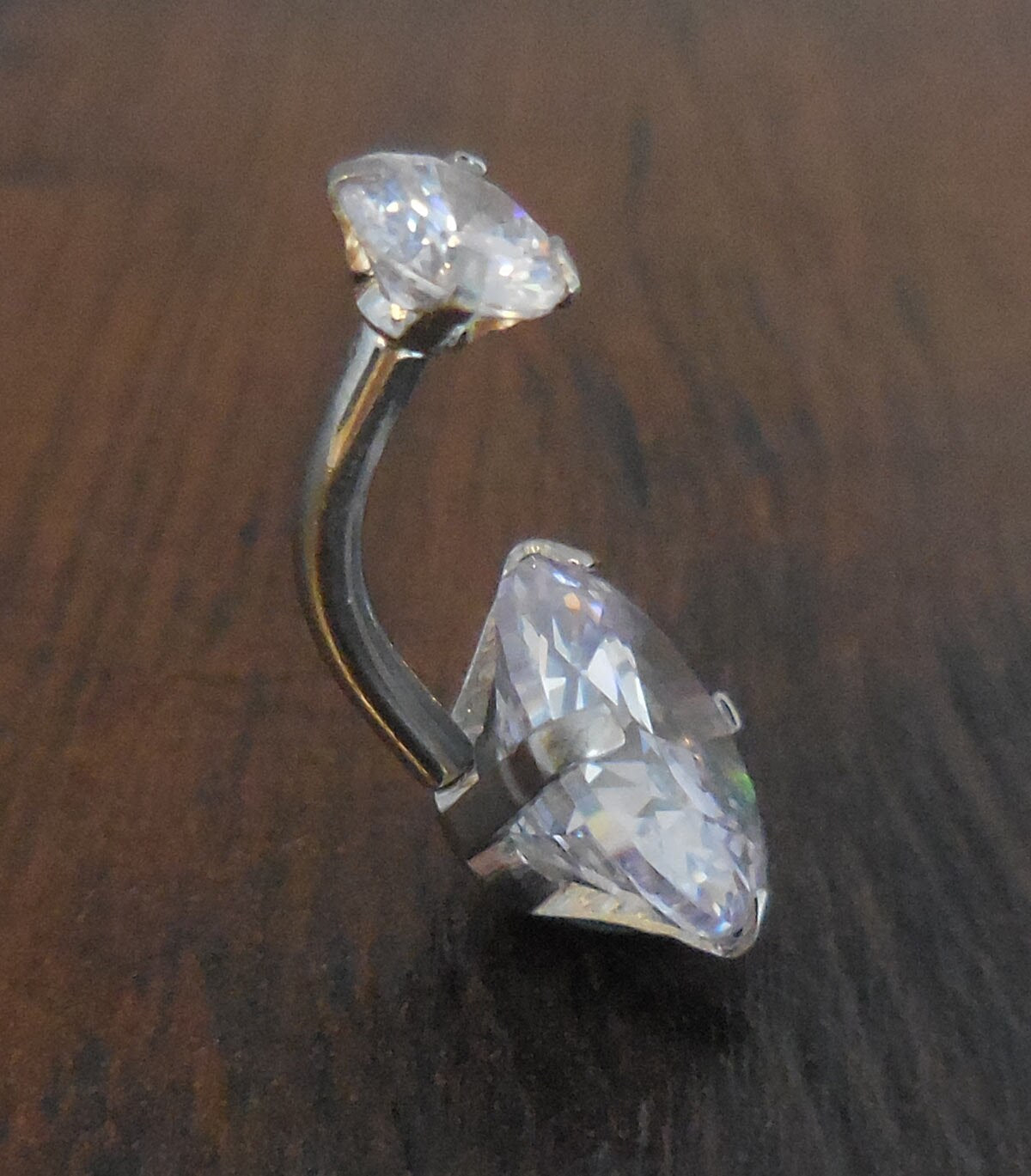 Internally Threaded Double Prong Set Large 10mm Clear CZ Stainless Steel Gold Tone Belly Button Ring Titanium Bar Navel