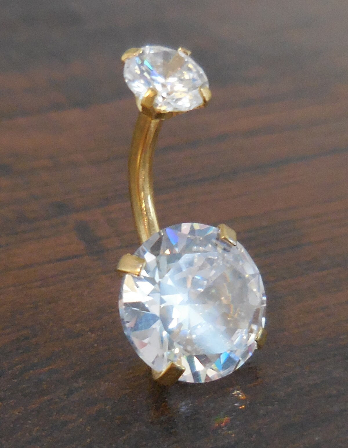 Internally Threaded Double Prong Set Large 10mm Clear CZ Stainless Steel Gold Tone Belly Button Ring Titanium Bar Navel