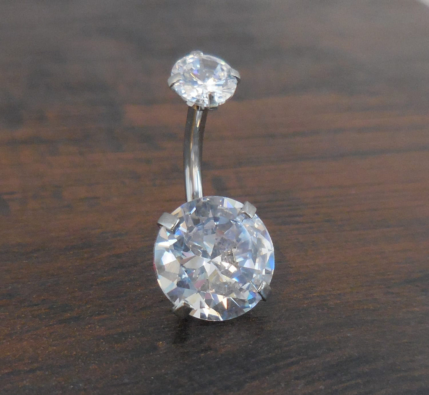 Internally Threaded Double Prong Set Large 10mm Clear CZ Stainless Steel Gold Tone Belly Button Ring Titanium Bar Navel