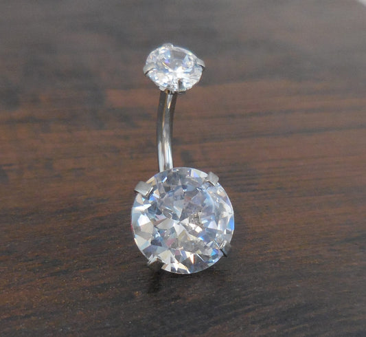 Internally Threaded Double Prong Set Large 10mm Clear CZ Stainless Steel Gold Tone Belly Button Ring Titanium Bar Navel