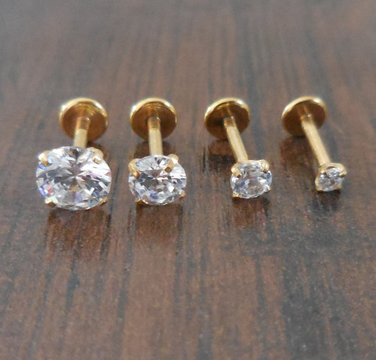 18g 2-5mm Tragus 1/4" 6mm Cartilage Clear Prong Set Cubic Zirconia Gold Tone Triple Helix Piercing Bar Ear Internally Threaded Earrings