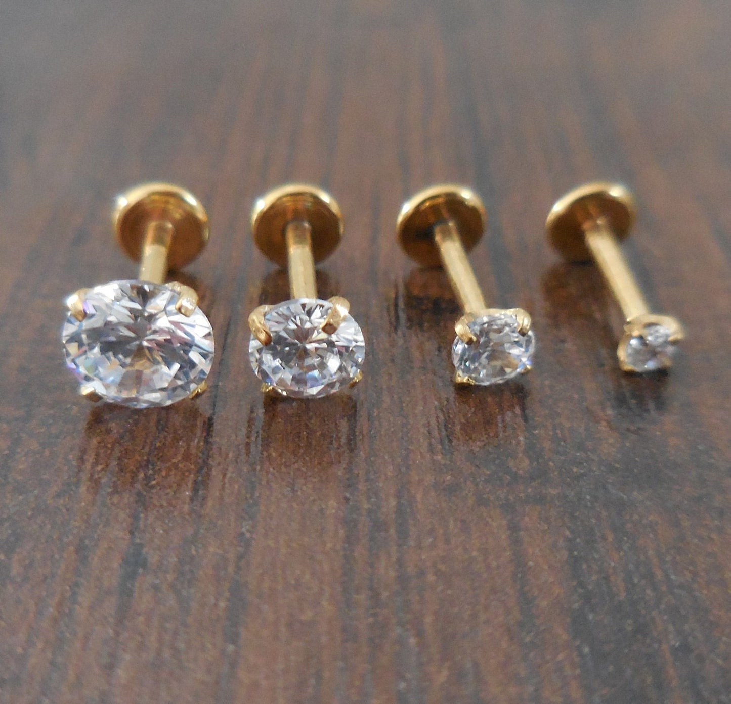 18g 2-5mm Tragus 1/4" 6mm Cartilage Clear Prong Set Cubic Zirconia Gold Tone Triple Helix Piercing Bar Ear Internally Threaded Earrings