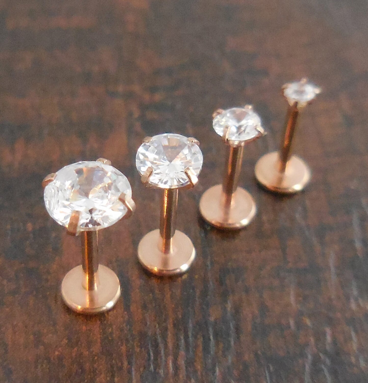 Rose Gold 18G 2-5mm Prong Set Clear Cubic Zirconia Triple Forward Helix Tragus Body Jewelry Earrings Nose Ring Cartilage Internally Threaded