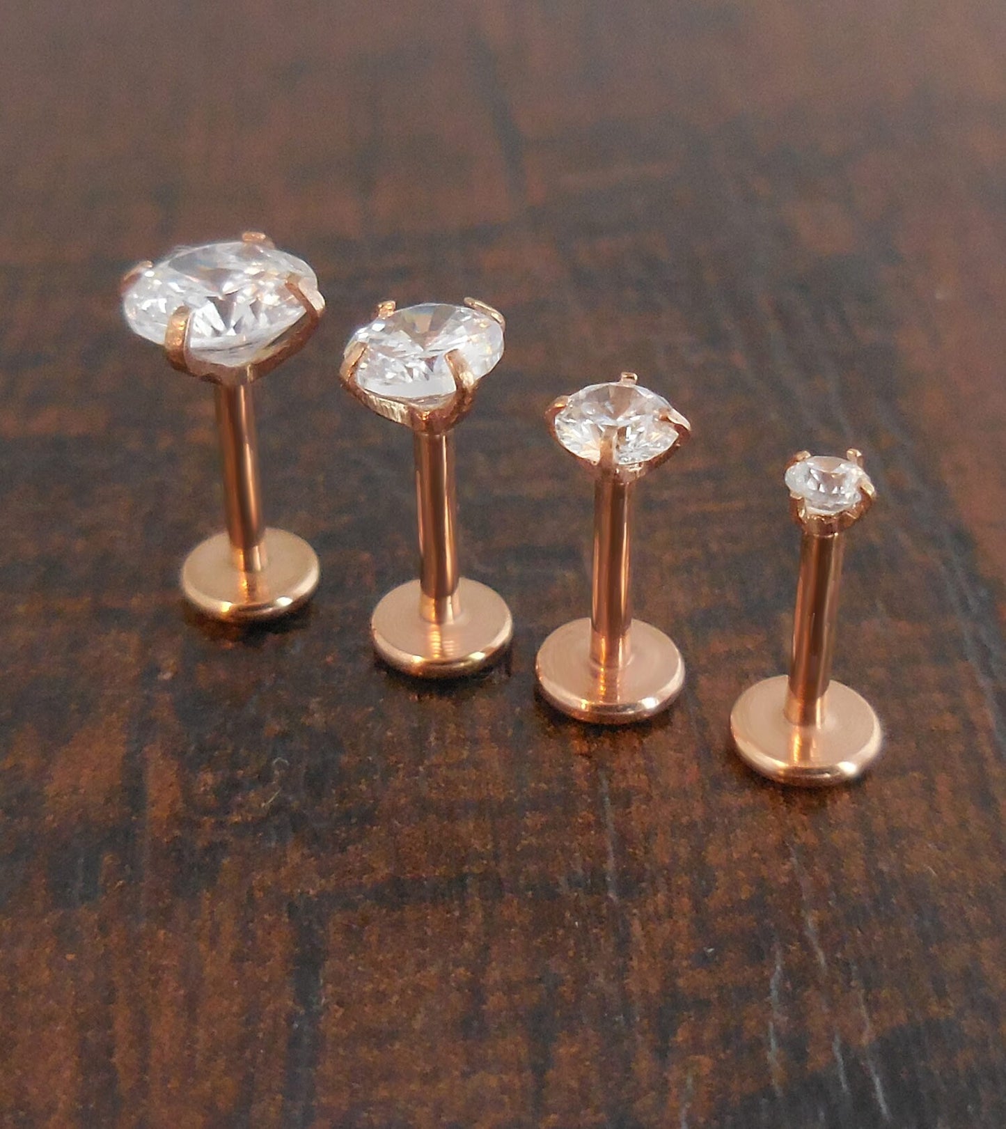 Rose Gold 18G 2-5mm Prong Set Clear Cubic Zirconia Triple Forward Helix Tragus Body Jewelry Earrings Nose Ring Cartilage Internally Threaded