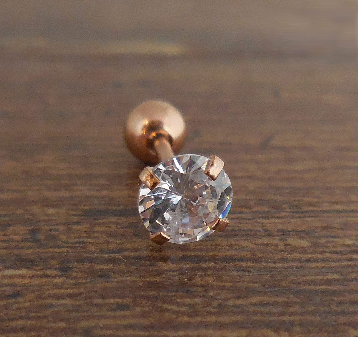 18G Rose Gold Tone Triple Helix Ball Back Tragus Cartilage Earring Ear Rings 2-5mm 1/4" Body Jewelry Prong Set Clear CZ Stone