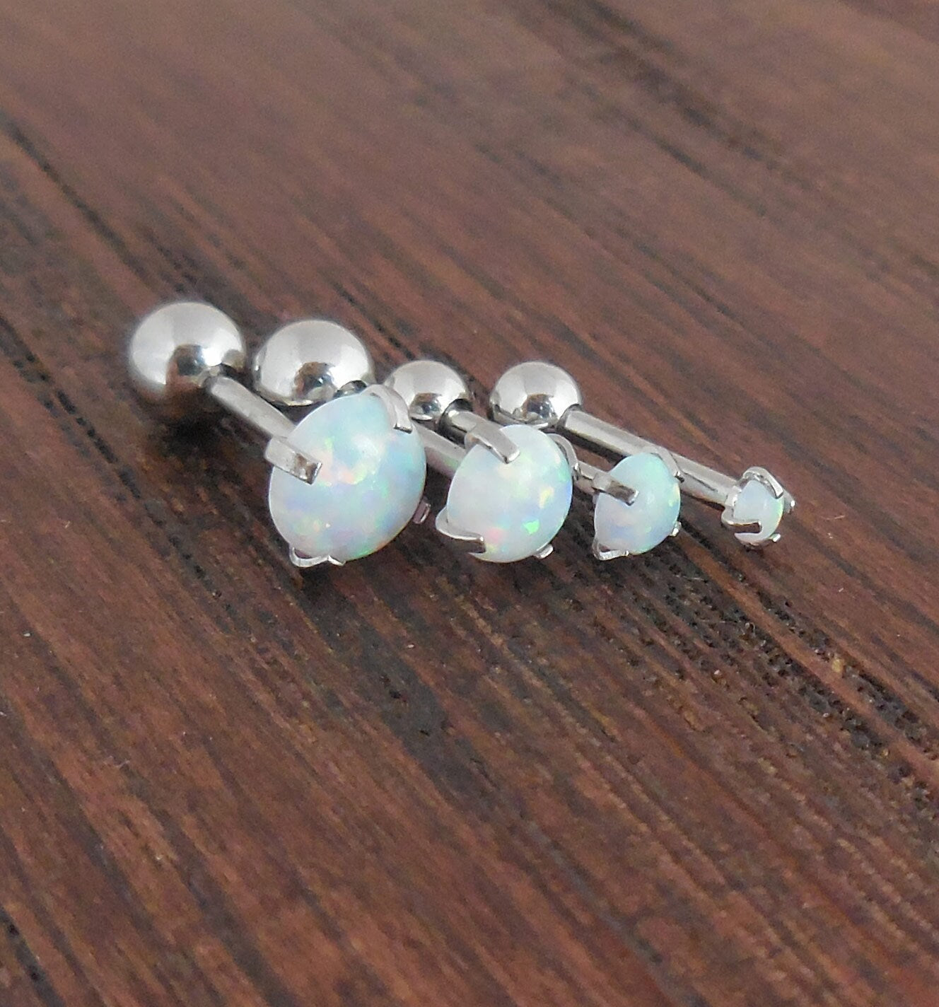 New White Fire & Ice Opal 18G 1/4" 2-5mm Ball Back Triple Forward Helix Stainless Steel Ear Cartilage Earrings