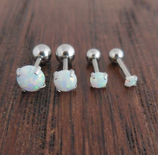 New White Fire & Ice Opal 18G 1/4" 2-5mm Ball Back Triple Forward Helix Stainless Steel Ear Cartilage Earrings