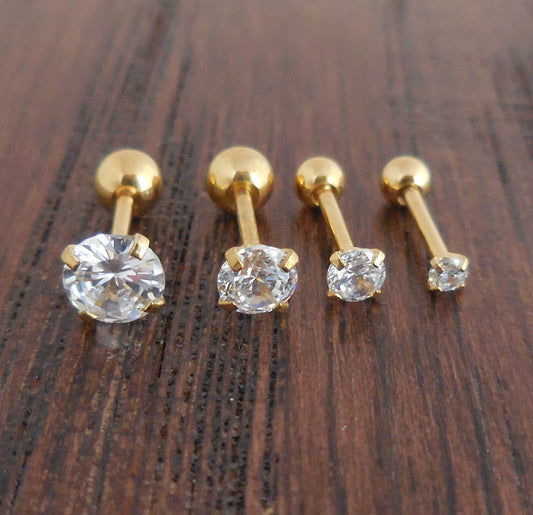 Triple Forward Helix Gold Tone Clear Prong Set Cubic Zirconia 18G 1/4" 2-5mm Ball Back Ear Cartilage Earrings