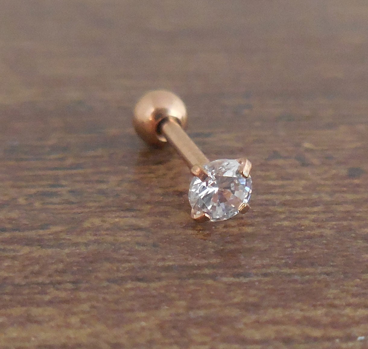 18G Rose Gold Tone Triple Helix Ball Back Tragus Cartilage Earring Ear Rings 2-5mm 1/4" Body Jewelry Prong Set Clear CZ Stone