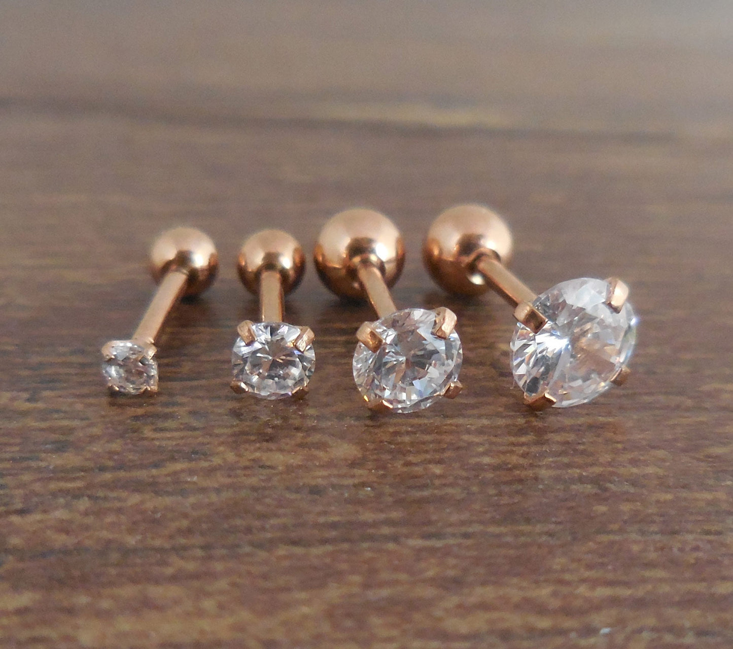 18G Rose Gold Tone Triple Helix Ball Back Tragus Cartilage Earring Ear Rings 2-5mm 1/4" Body Jewelry Prong Set Clear CZ Stone