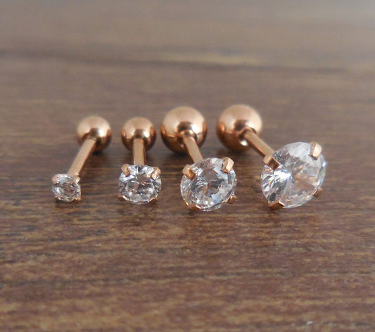 18G Rose Gold Tone Triple Helix Ball Back Tragus Cartilage Earring Ear Rings 2-5mm 1/4" Body Jewelry Prong Set Clear CZ Stone