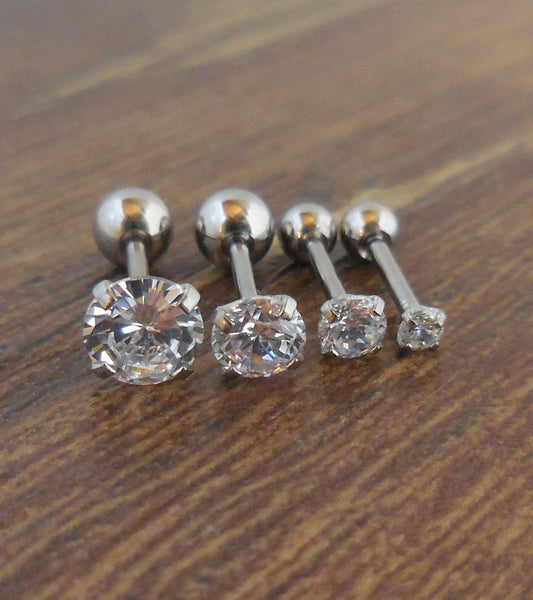 Clear CZ Prong Set Cubic Zirconia 18G 1/4" 2-5mm Ball Back Triple Forward Helix Ear Cartilage Earrings Rings Jewelry