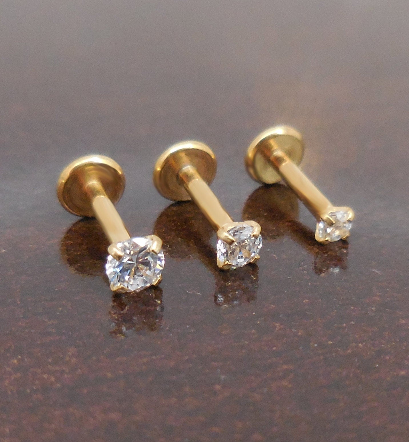 16g 2-4mm Tragus 6mm-8mm Threadless Push Pin Labret Nose Ring Cartilage Earrings Gold Tone Titanium Prong Set Clear CZ Stone Triple Helix