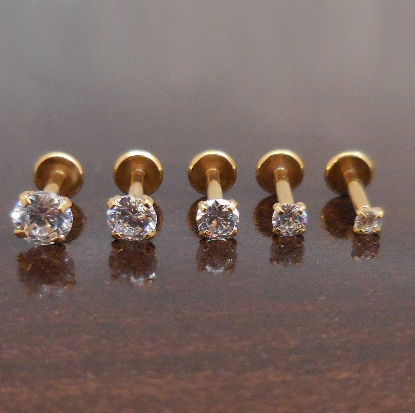 16g 2-4mm Tragus 6mm-8mm Threadless Push Pin Labret Nose Ring Cartilage Earrings Gold Tone Titanium Prong Set Clear CZ Stone Triple Helix