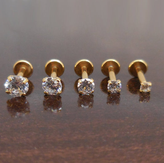 16g 2-4mm Tragus 6mm-8mm Threadless Push Pin Labret Nose Ring Cartilage Earrings Gold Tone Titanium Prong Set Clear CZ Stone Triple Helix