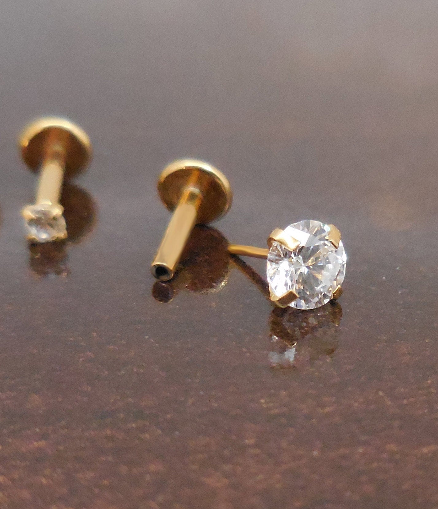 16g 2-4mm Tragus 6mm-8mm Threadless Push Pin Labret Nose Ring Cartilage Earrings Gold Tone Titanium Prong Set Clear CZ Stone Triple Helix