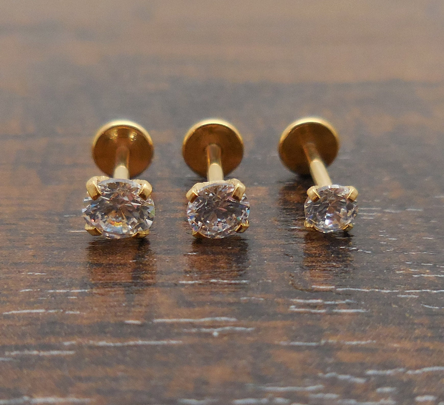 18g 2-4mm Tragus Threadless Push Pin 6mm-8mm Nose Ring Cartilage Earrings Gold Tone Labret Triple Forward Helix Prong Set Clear CZ Stone