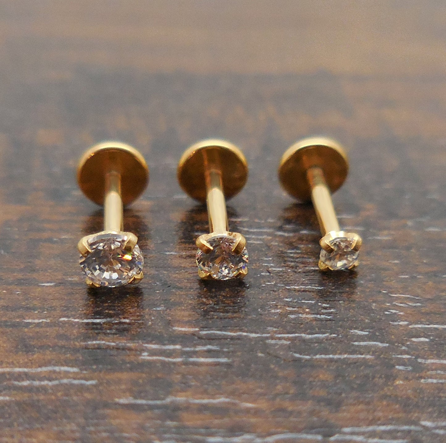 18g 2-4mm Tragus Threadless Push Pin 6mm-8mm Nose Ring Cartilage Earrings Gold Tone Labret Triple Forward Helix Prong Set Clear CZ Stone