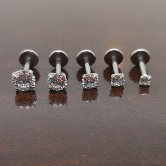 18G 2-4mm Tragus Clear CZ Stone Threadless 6mm Push Pin Triple Forward Helix Nose Ring Labret Lip Earrings Stainless Steel Prong Set