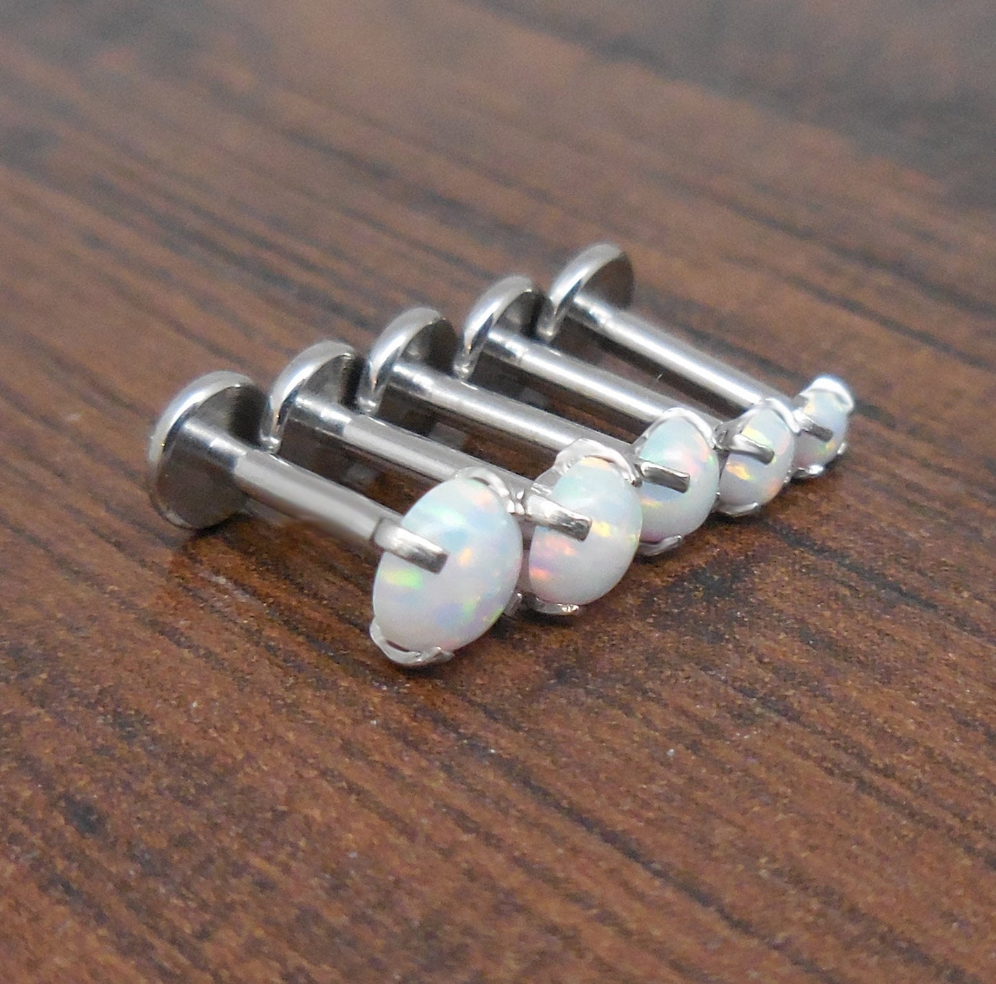 16g 2-4mm Tragus 6mm-8mm Threadless White Opal Push Pin Labret Triple Forward Helix Nose Ring Cartilage Earrings Stainless Prong Set