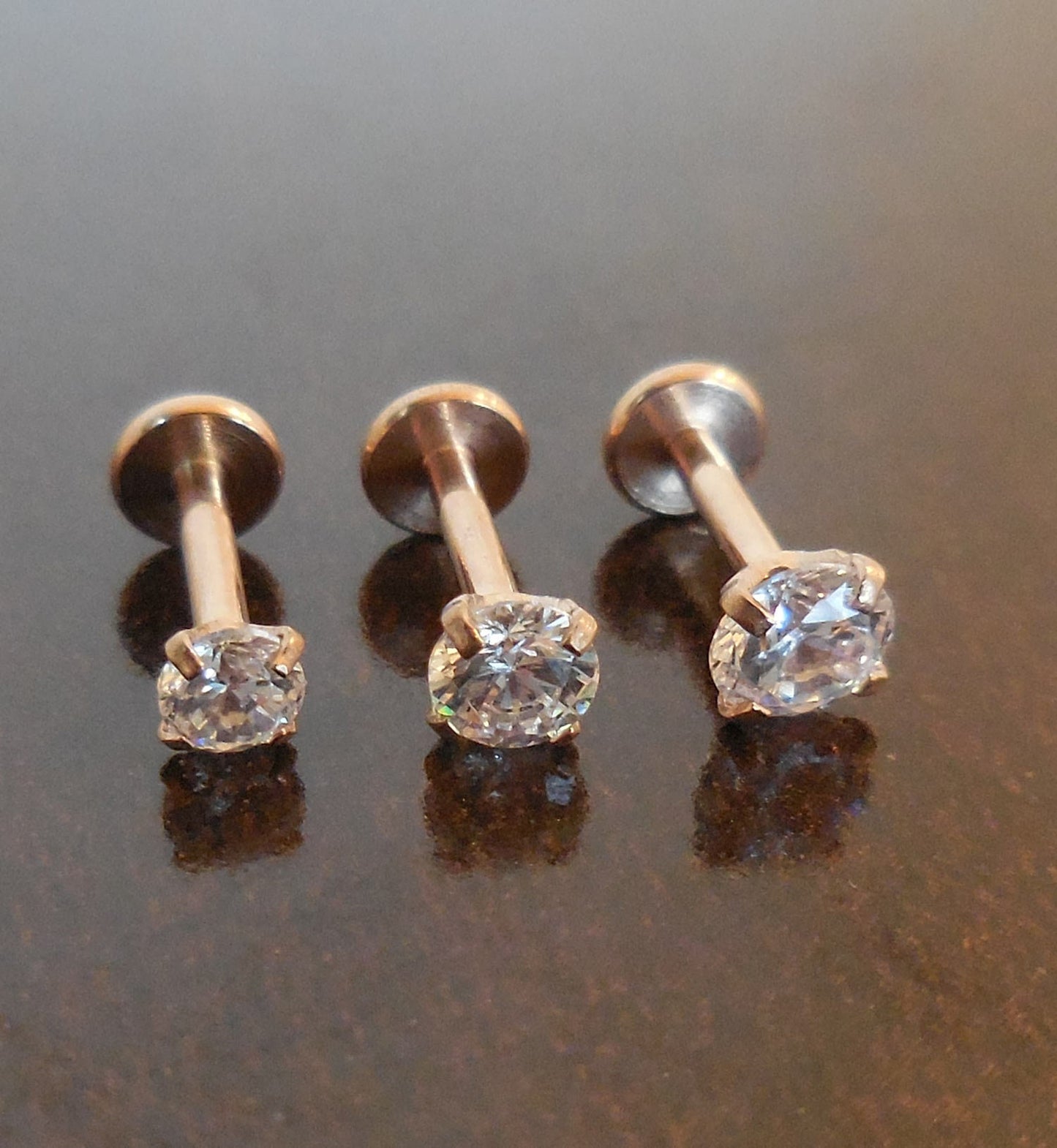 Threadless Push Pin Labret Nose Ring 16g 2-4mm Tragus 6mm-8mm Cartilage Earrings Rose Gold Tone Titanium Prong Set Clear CZ Triple Helix