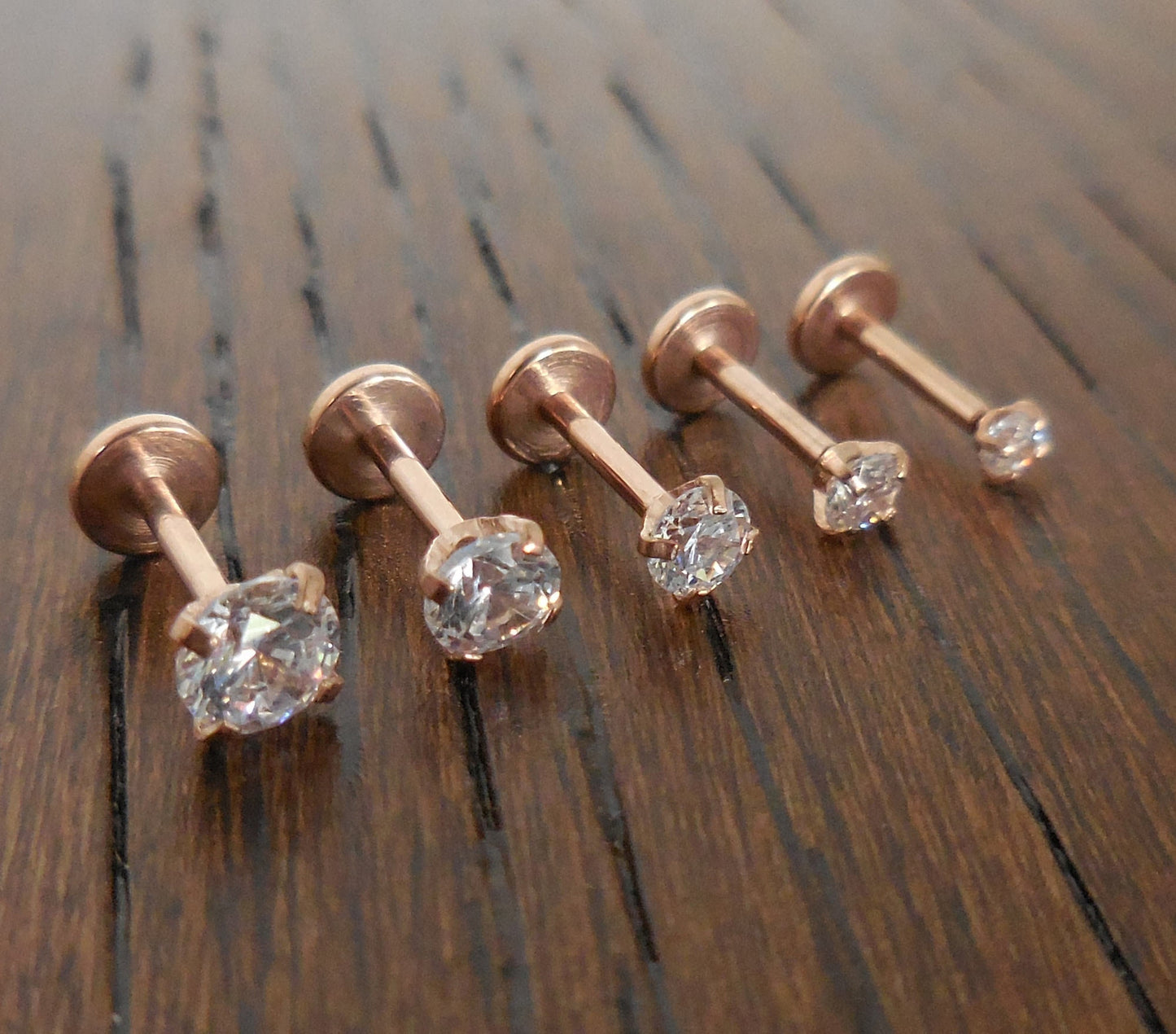 Tragus Threadless Push Pin 6mm-8mm Nose Ring 18g Prong Set Clear CZ 2-4mm Cartilage Earrings Rose Gold Tone Labret Triple Forward Helix