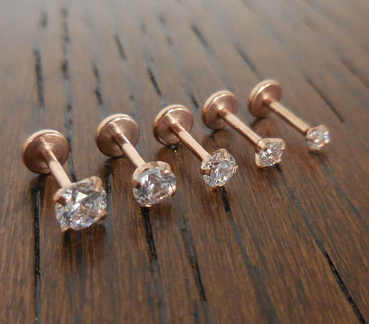 Tragus Threadless Push Pin 6mm-8mm Nose Ring 18g Prong Set Clear CZ 2-4mm Cartilage Earrings Rose Gold Tone Labret Triple Forward Helix