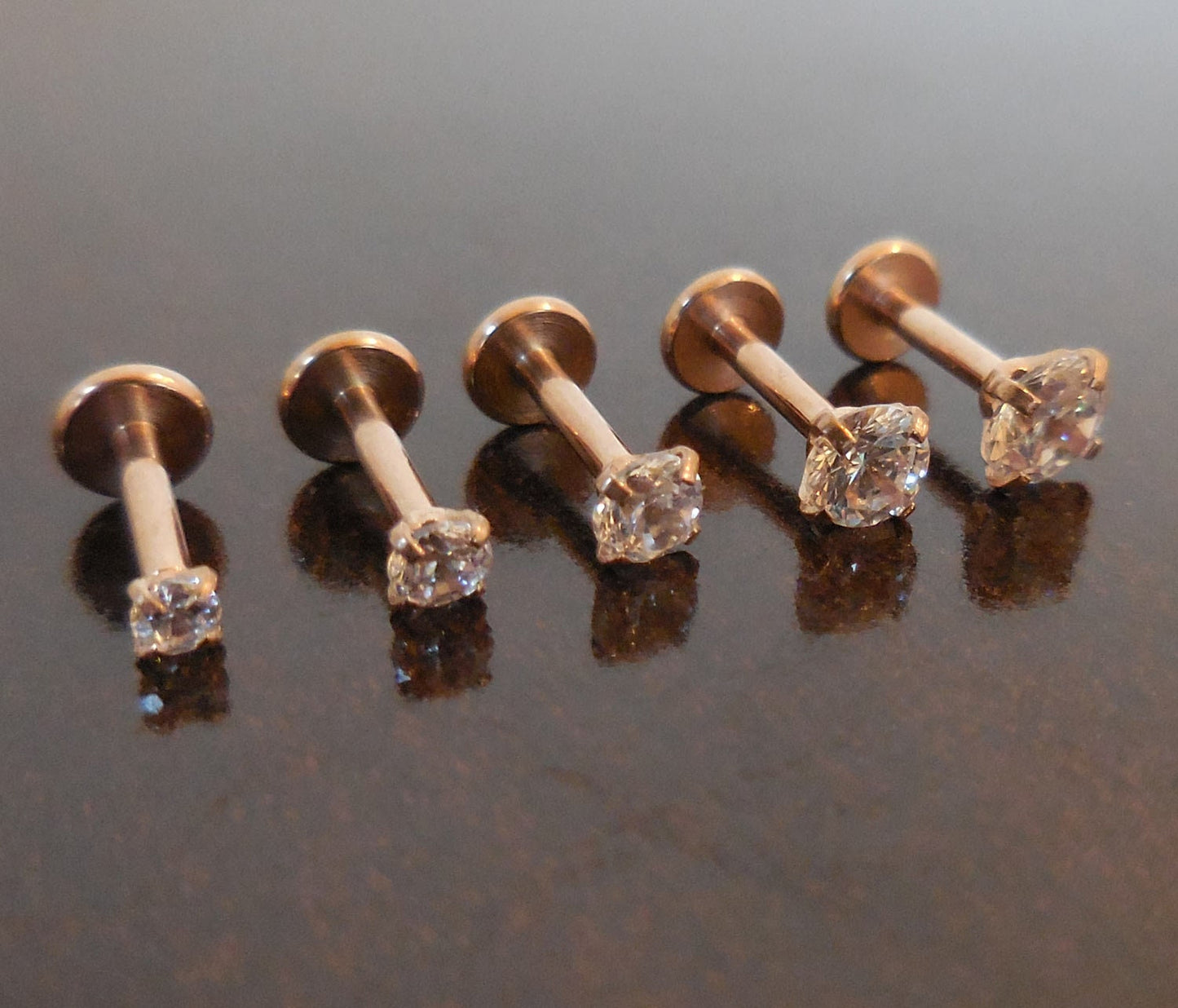 Threadless Push Pin Labret Nose Ring 16g 2-4mm Tragus 6mm-8mm Cartilage Earrings Rose Gold Tone Titanium Prong Set Clear CZ Triple Helix