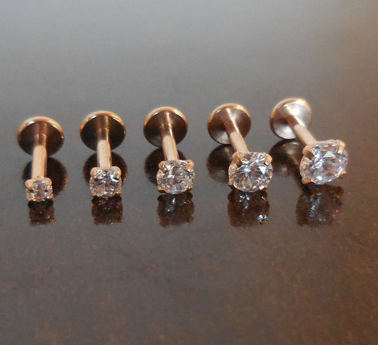 Threadless Push Pin Labret Nose Ring 16g 2-4mm Tragus 6mm-8mm Cartilage Earrings Rose Gold Tone Titanium Prong Set Clear CZ Triple Helix
