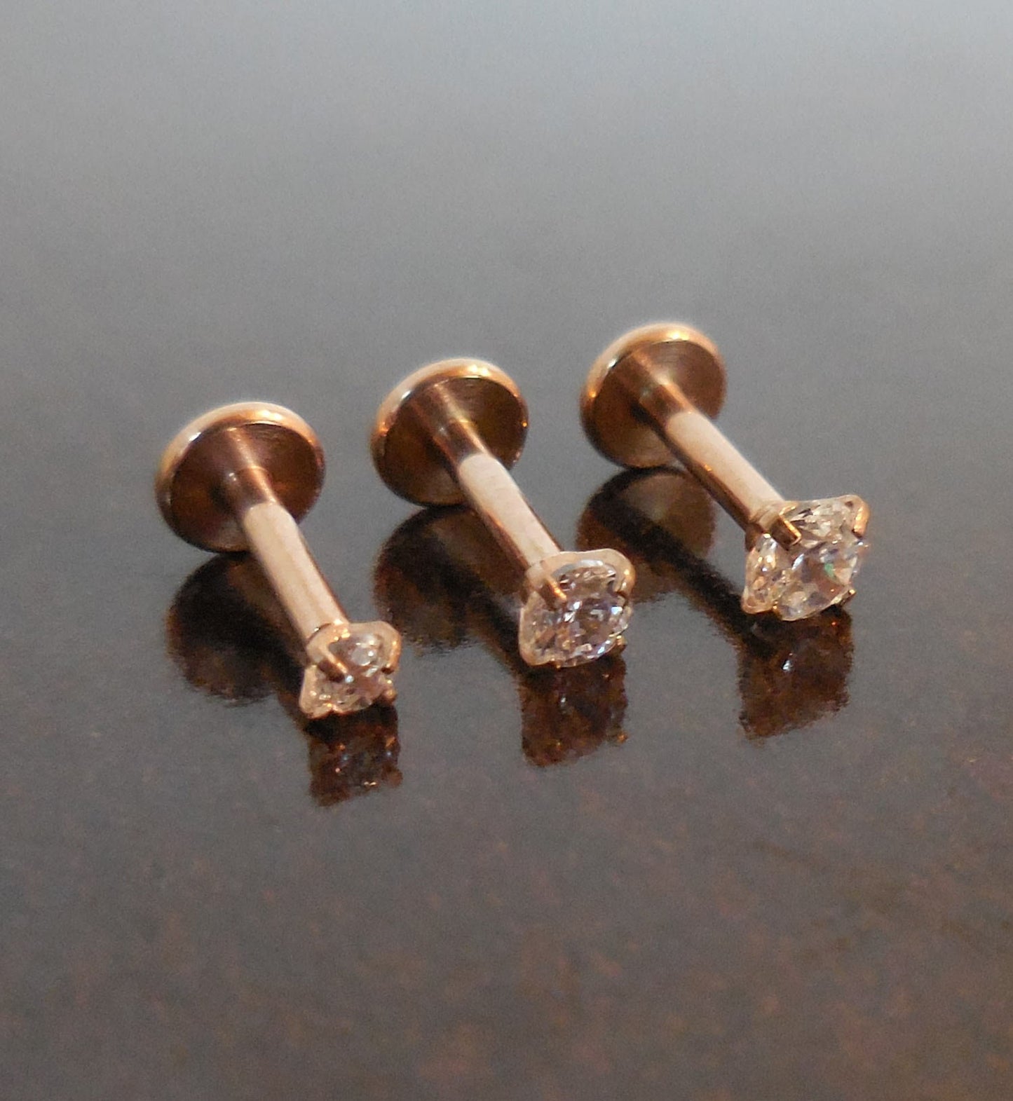 Threadless Push Pin Labret Nose Ring 16g 2-4mm Tragus 6mm-8mm Cartilage Earrings Rose Gold Tone Titanium Prong Set Clear CZ Triple Helix