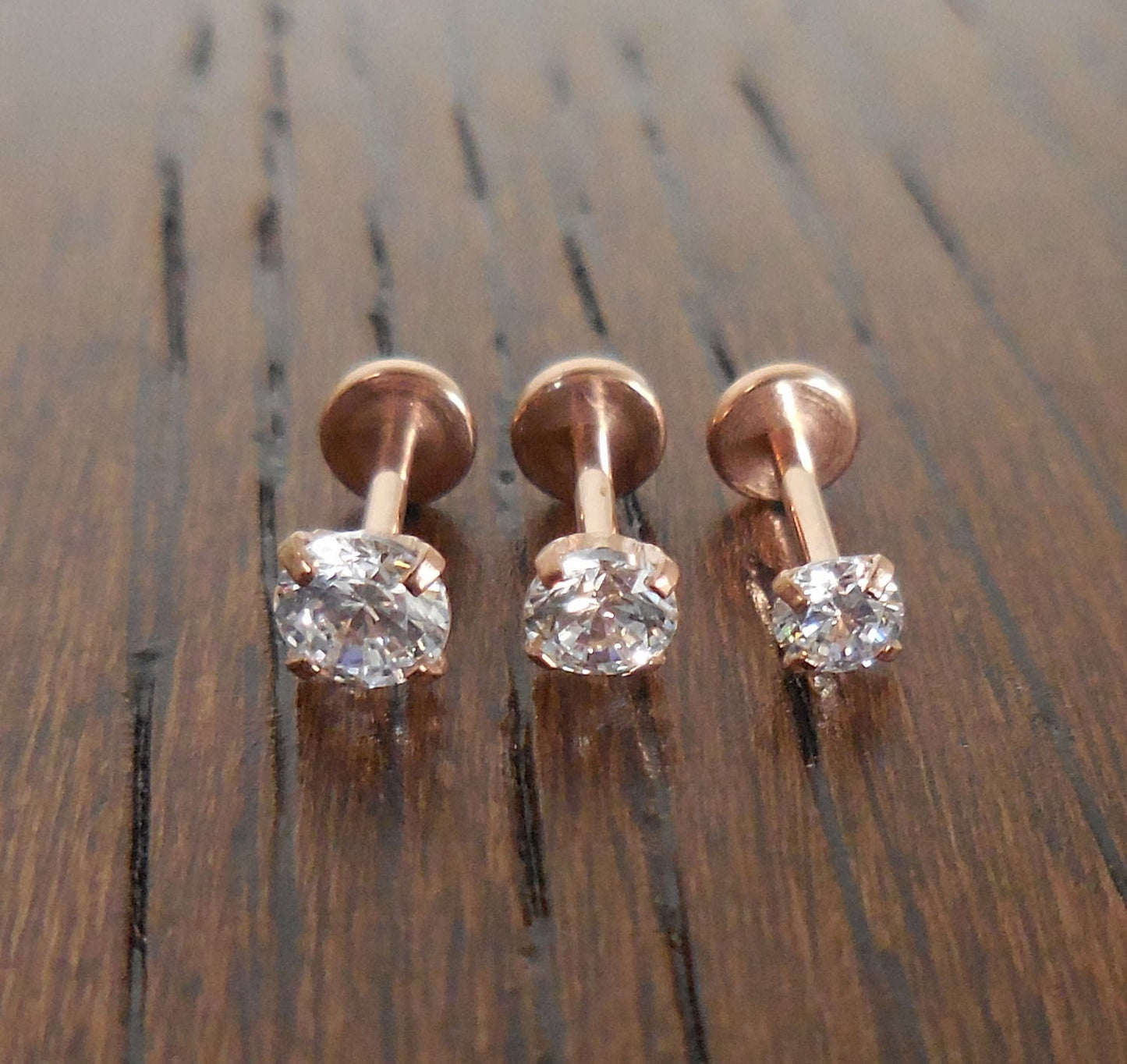 Tragus Threadless Push Pin 6mm-8mm Nose Ring 18g Prong Set Clear CZ 2-4mm Cartilage Earrings Rose Gold Tone Labret Triple Forward Helix