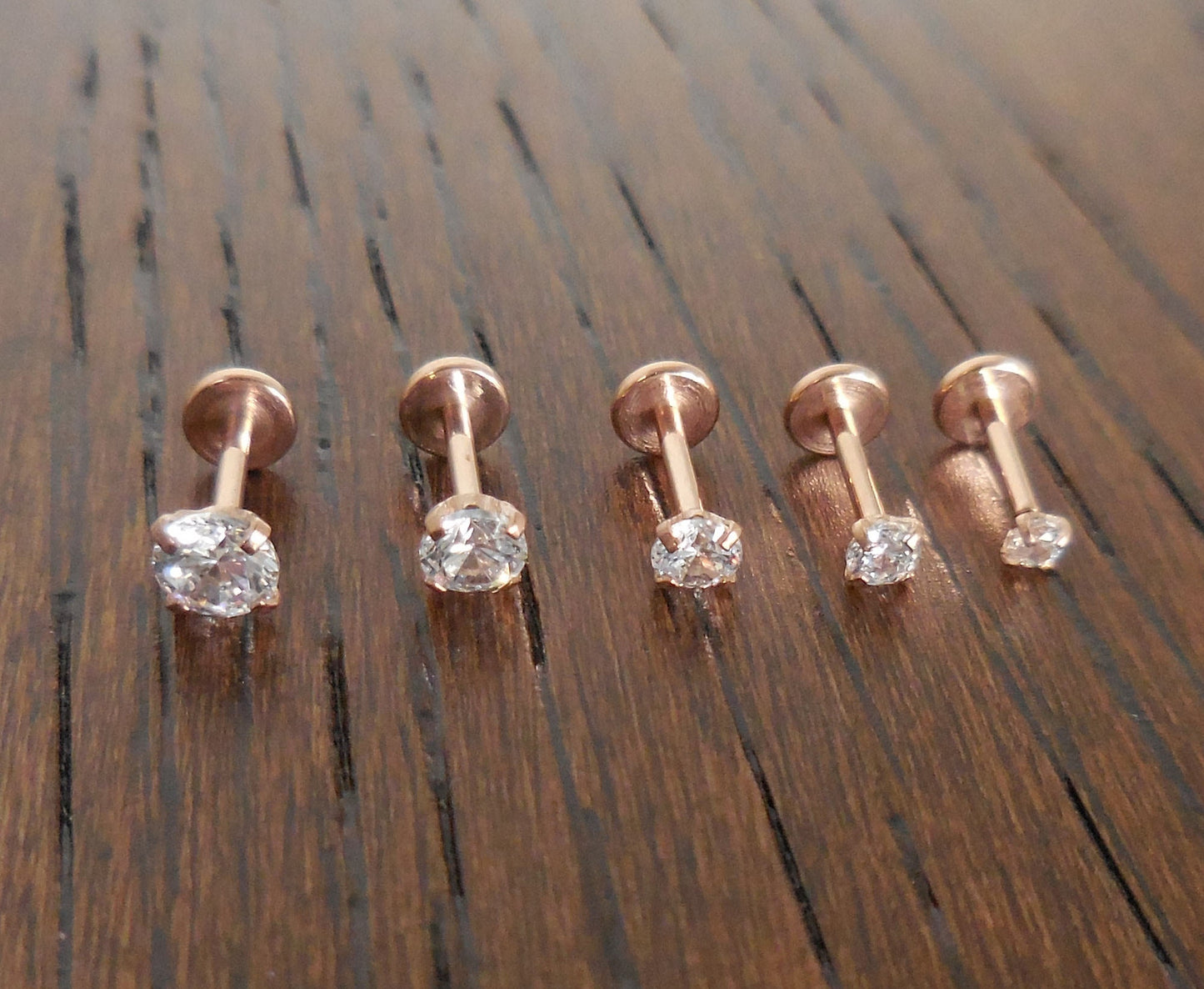 Tragus Threadless Push Pin 6mm-8mm Nose Ring 18g Prong Set Clear CZ 2-4mm Cartilage Earrings Rose Gold Tone Labret Triple Forward Helix