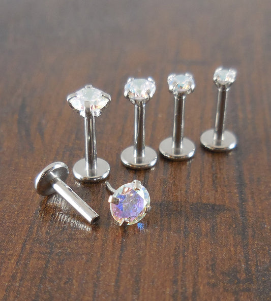 16g 2-4mm Tragus 5mm-10mm AB Crystal Rainbow Stone Threadless Push Pin Labret Triple Helix Nose Ring Cartilage Earrings Stainless Prong Set