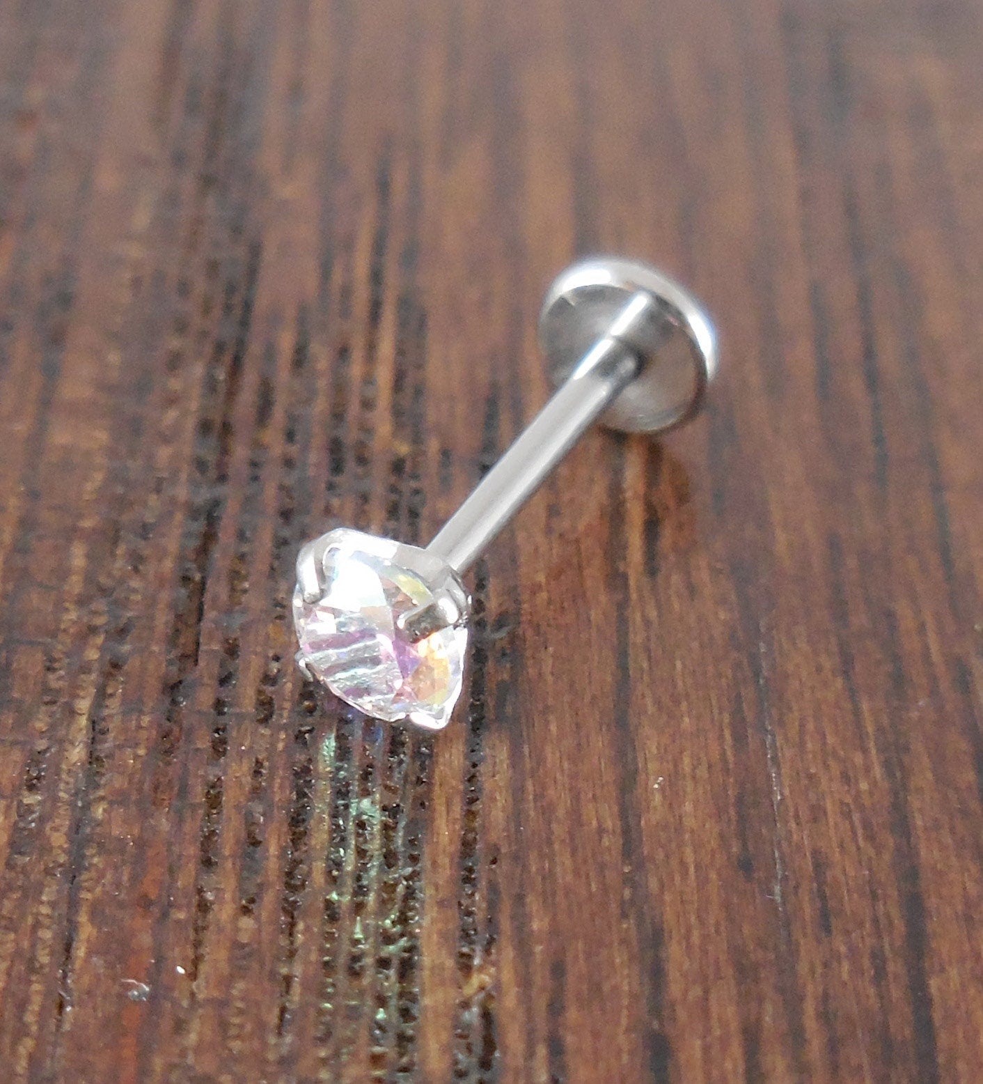 18G 2-4mm Tragus AB Rainbow Auroral Borealis Crystal Threadless 5mm, 6mm Push Pin Triple Helix Nose Ring Labret Lip Earrings Steel Prong Set