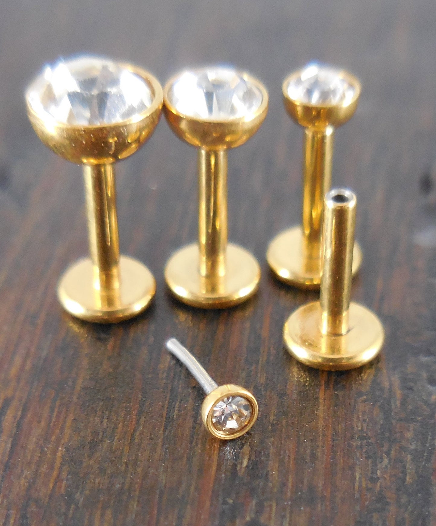 16g 2, 3, 4 or 5mm Clear Cubic Zirconia 6mm or 8mm Thread less Gold Tone Push Pin Triple Forward Helix Earring Cartilage Labret Nose Ring