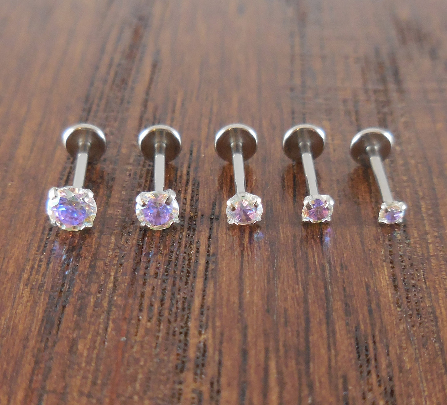 18G 2-4mm Tragus AB Rainbow Auroral Borealis Crystal Threadless 5mm, 6mm Push Pin Triple Helix Nose Ring Labret Lip Earrings Steel Prong Set