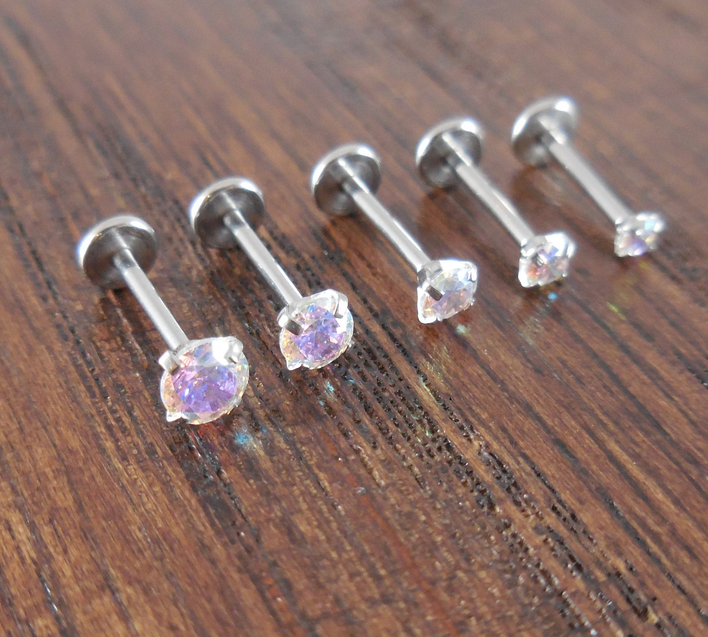 18G 2-4mm Tragus AB Rainbow Auroral Borealis Crystal Threadless 5mm, 6mm Push Pin Triple Helix Nose Ring Labret Lip Earrings Steel Prong Set