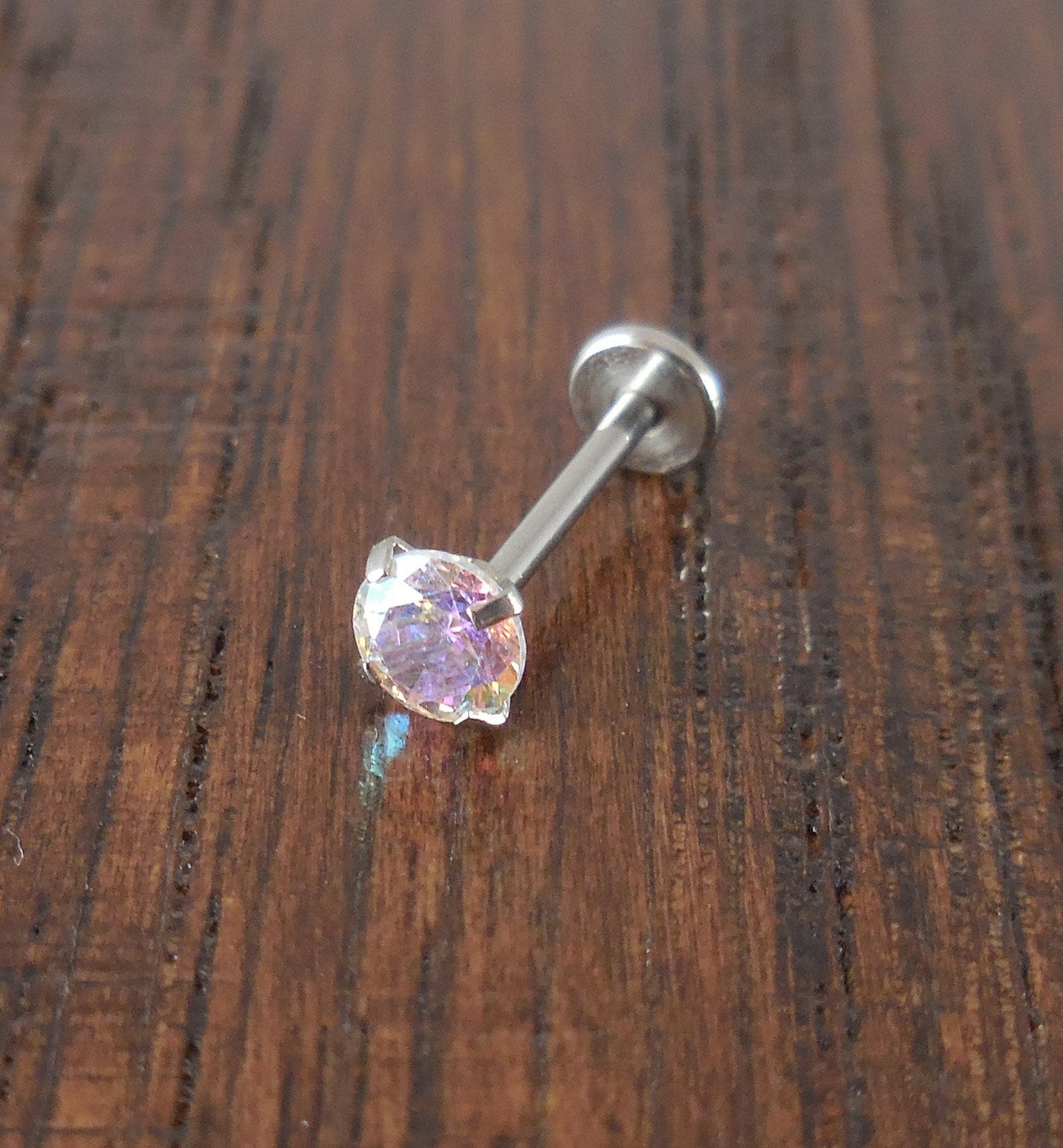 18G 2-4mm Tragus AB Rainbow Auroral Borealis Crystal Threadless 5mm, 6mm Push Pin Triple Helix Nose Ring Labret Lip Earrings Steel Prong Set