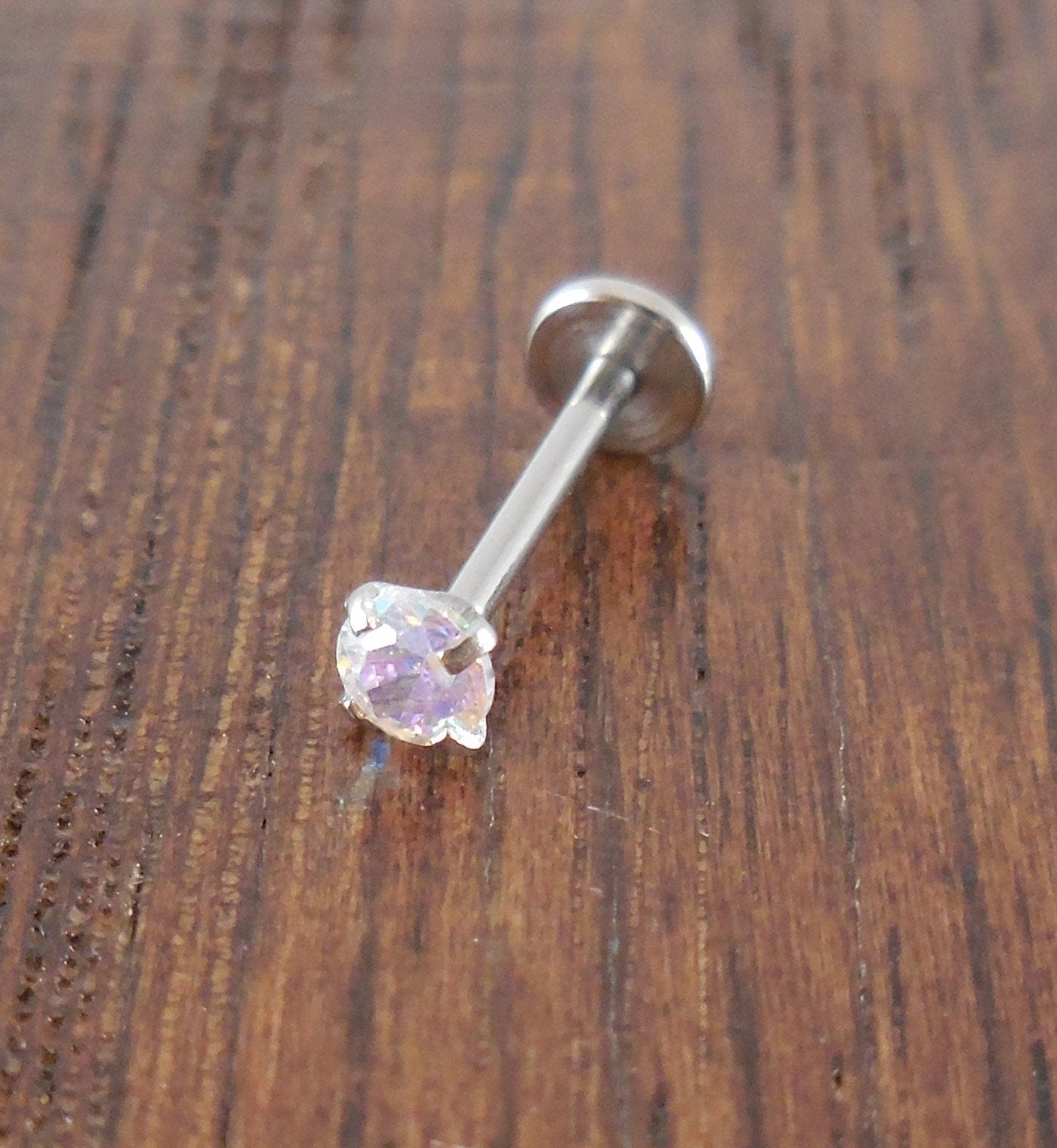 18G 2-4mm Tragus AB Rainbow Auroral Borealis Crystal Threadless 5mm, 6mm Push Pin Triple Helix Nose Ring Labret Lip Earrings Steel Prong Set