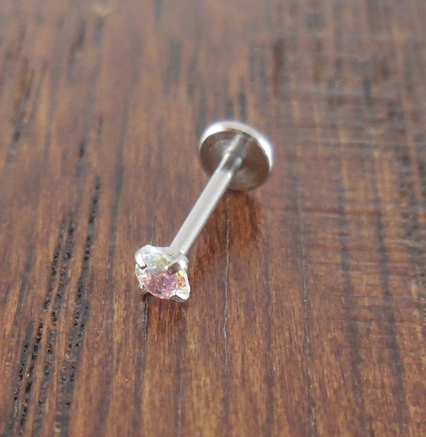 18G 2-4mm Tragus AB Rainbow Auroral Borealis Crystal Threadless 5mm, 6mm Push Pin Triple Helix Nose Ring Labret Lip Earrings Steel Prong Set